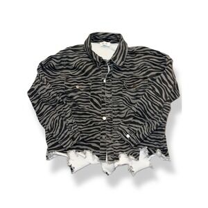 Zebra Print Cropped Denim Jacket She + Sky Raw Frayed Hem | Women's Small/Med